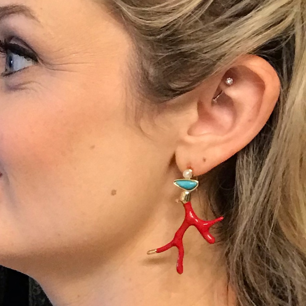 NWT Coral Drop Earrings | Red + Turquoise + Gold - Picture 3 of 8